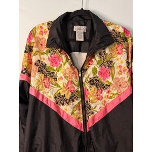 VTG Basic Editions Womens Large Floral Print Black Pink Zip Up Track Jacket